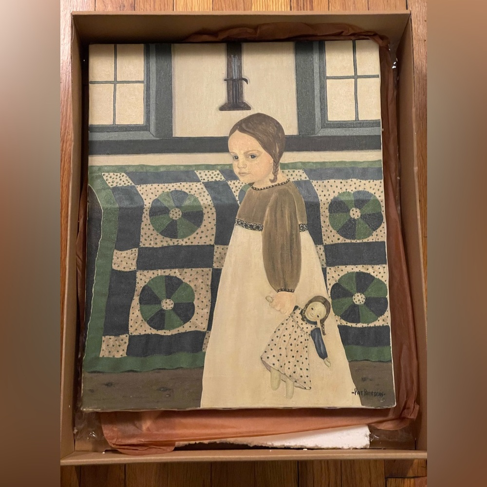 “Girl with Doll” by Pat Pearson - vintage folk art, Americana, canvas art